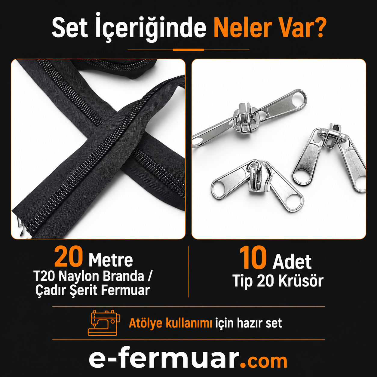 T20 Naylon Şerit Fermuar Seti, 20 metre uzunluğunda ve 10 adet krüsör içerir, branda ve çadır atölyeleri için ideal.