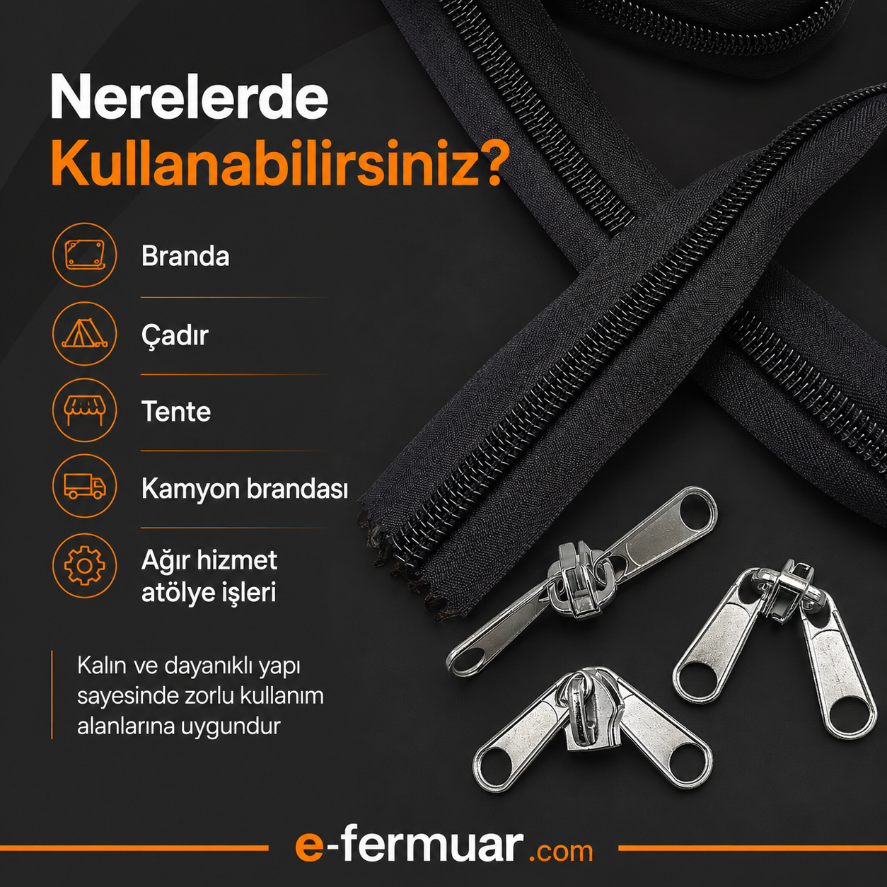 T20 Naylon Şerit Fermuar Seti, 20 metre uzunluğunda ve 10 adet krüsör içerir, branda ve çadır atölyeleri için ideal.