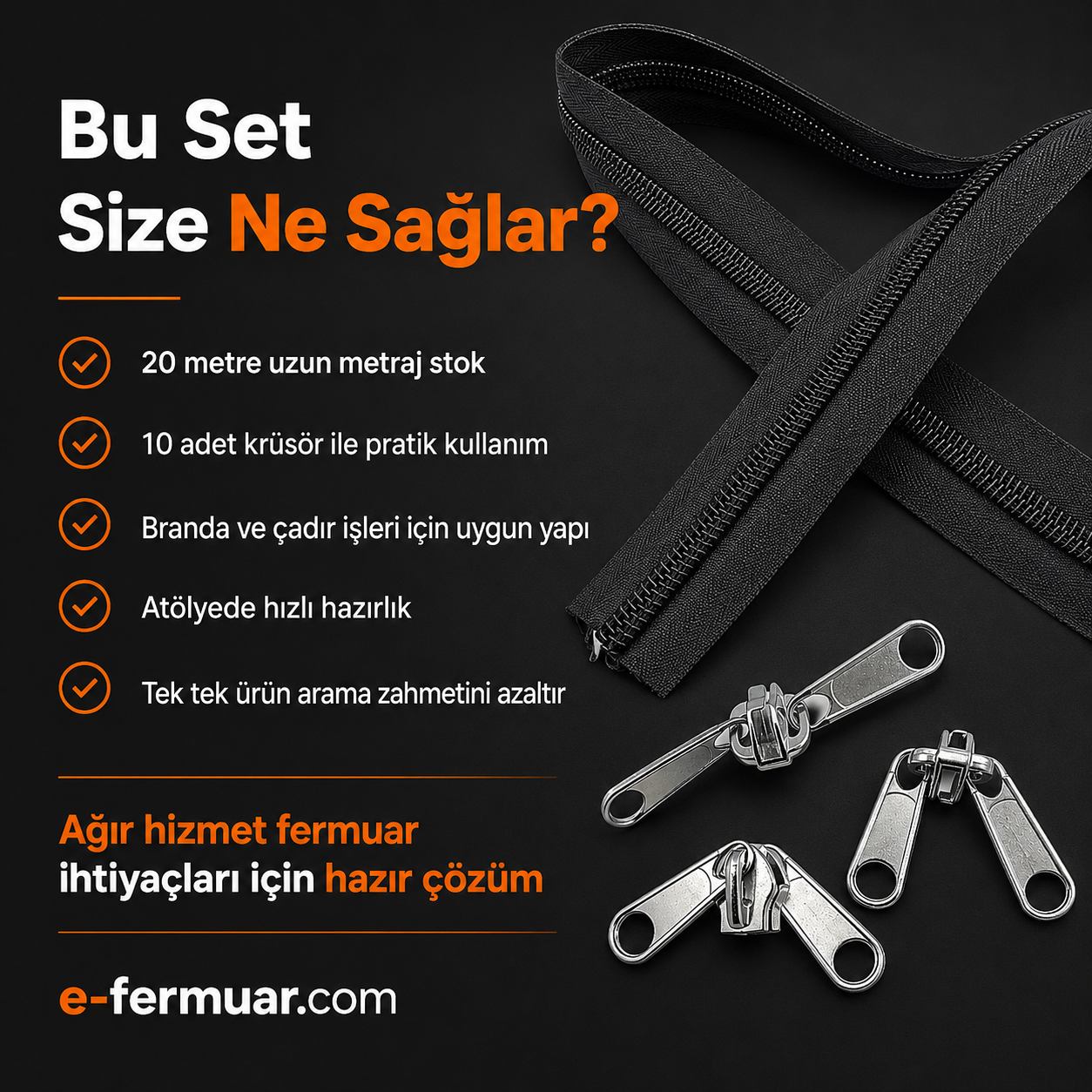 T20 Naylon Şerit Fermuar Seti, 20 metre uzunluğunda ve 10 adet krüsör içerir, branda ve çadır atölyeleri için ideal.