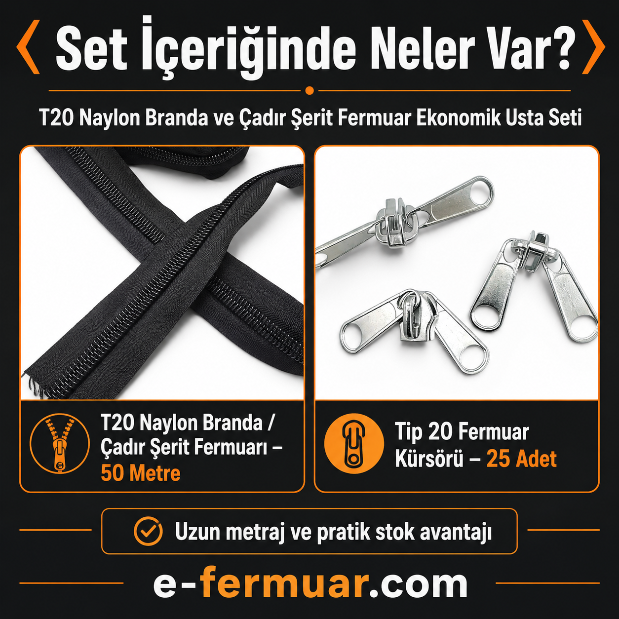 T20 Nylon Zipper Tape Set for Tent and Tarpaulin Workshops – 50 Meters + 25 Trimmers - ST-0013T20-50M25C