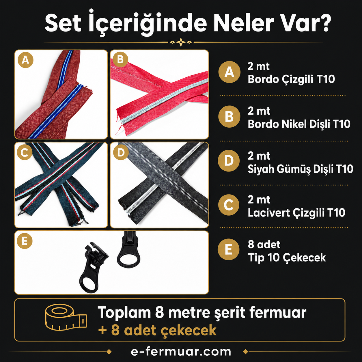Renkli ve kaliteli T10 fermuar seti, çeşitli tasarım projeleriniz için ideal.