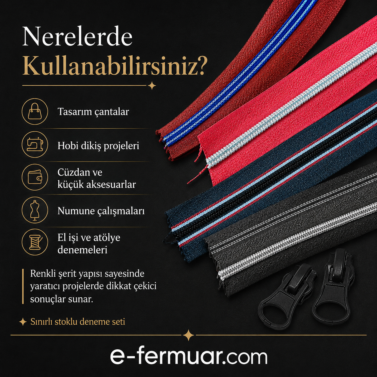 Renkli ve kaliteli T10 fermuar seti, çeşitli tasarım projeleriniz için ideal.