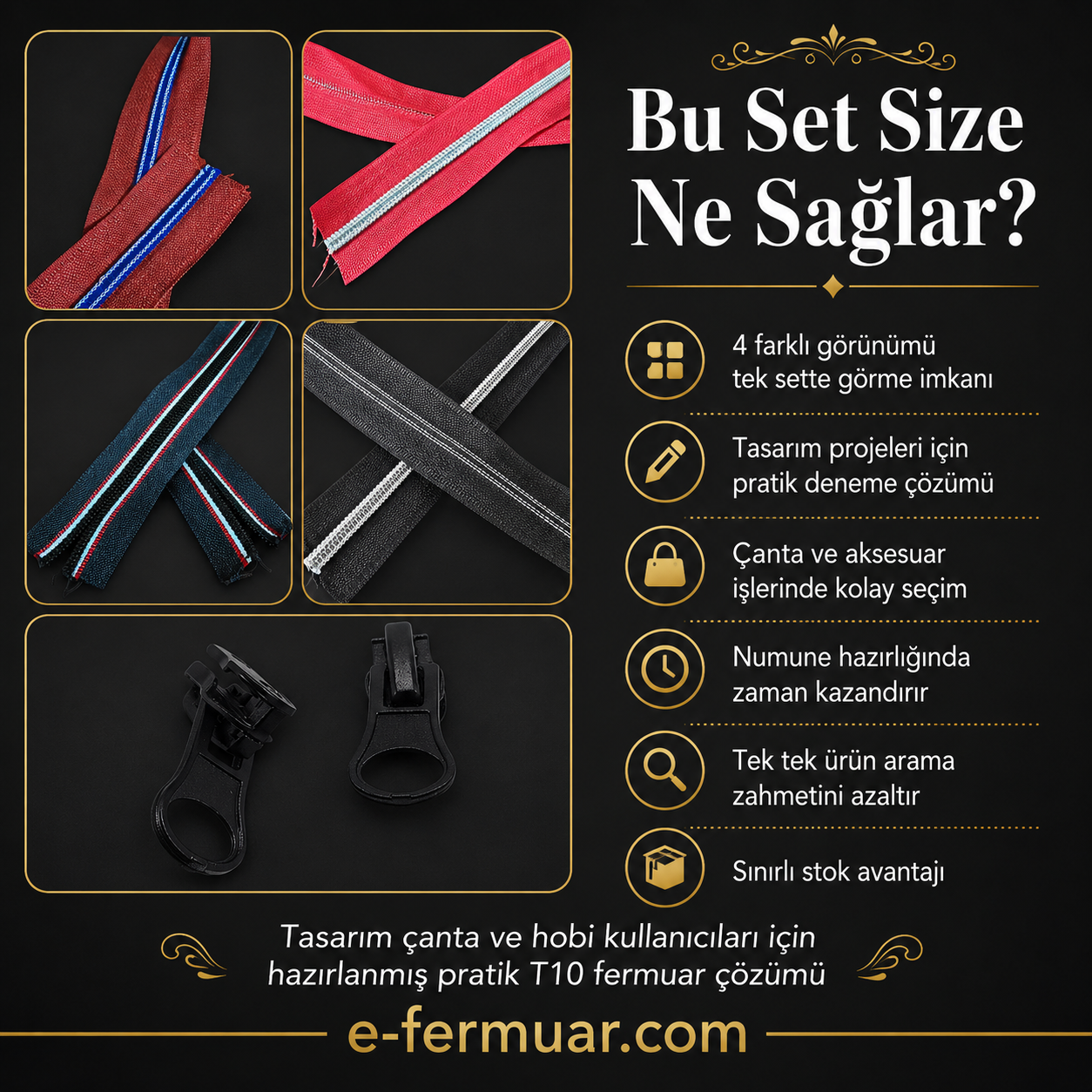 Renkli ve kaliteli T10 fermuar seti, çeşitli tasarım projeleriniz için ideal.