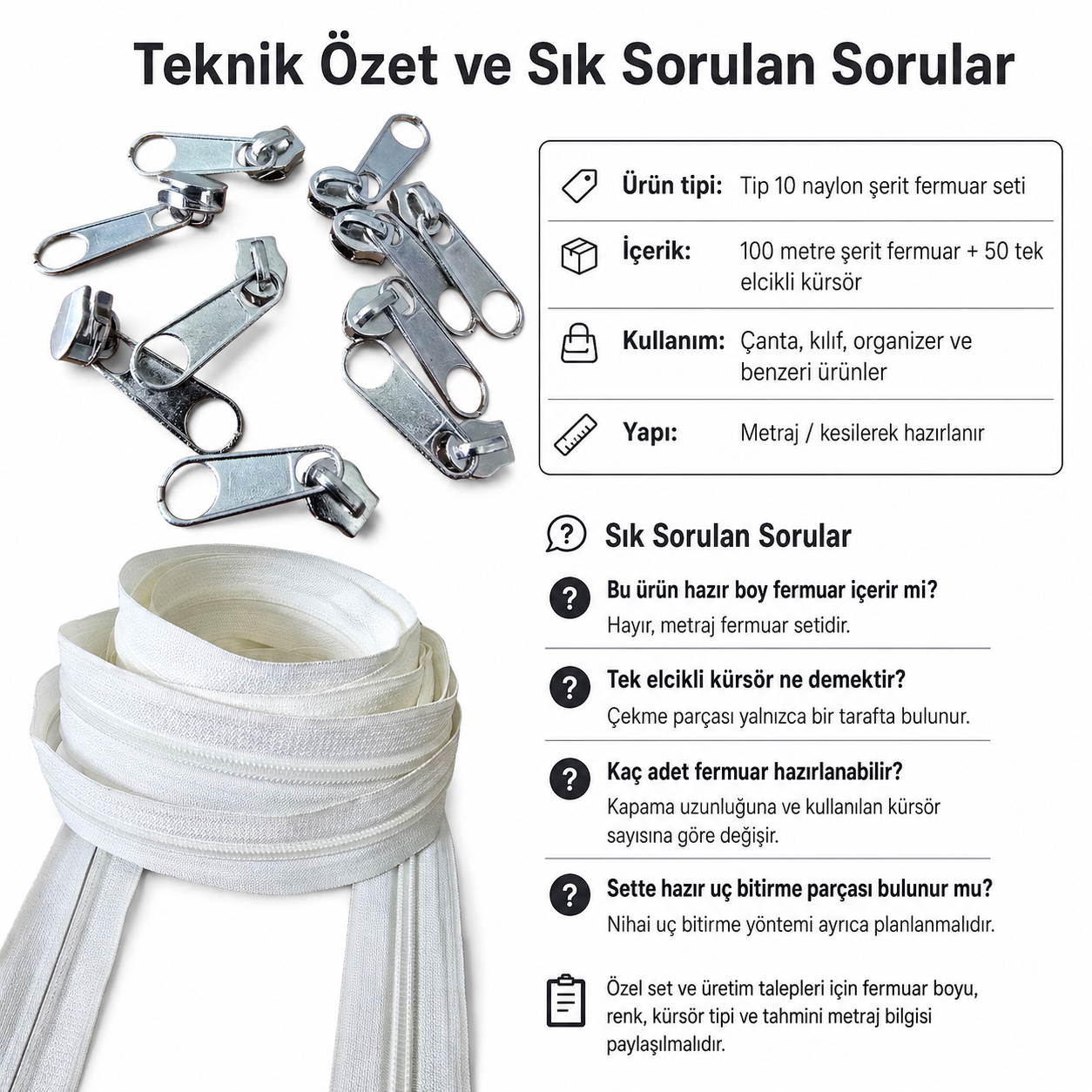 Tip 10 Naylon Şerit Fermuar Üretim Seti – 100 Metre + 50 Tek Elcikli Kürsör ST-T10T-NAYLON-100M50C