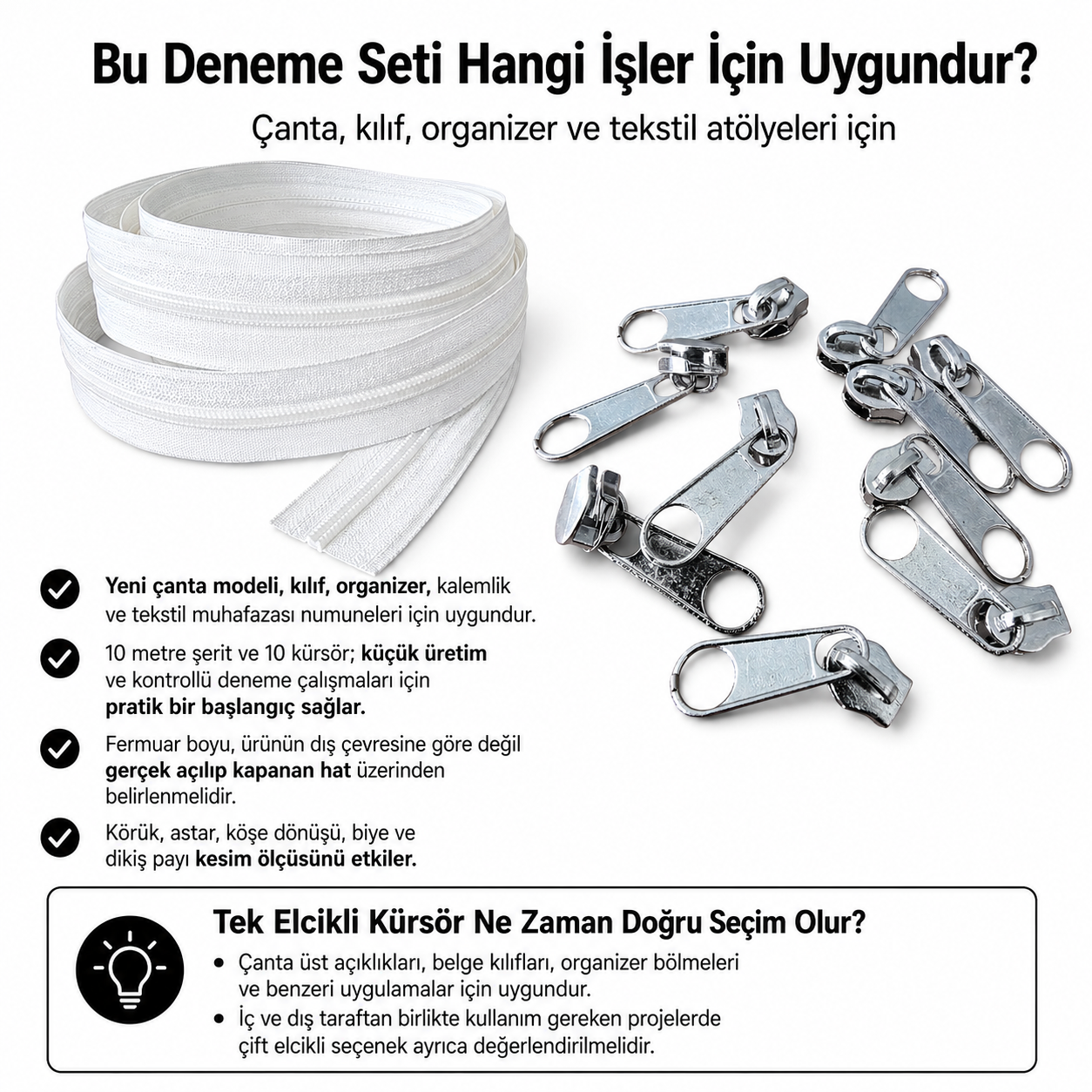 Tip 10 Naylon Şerit Fermuar Başlangıç Seti – 10 Metre + 10 Tek Elcikli Kürsör ST-T10T-NAYLON-10M10C