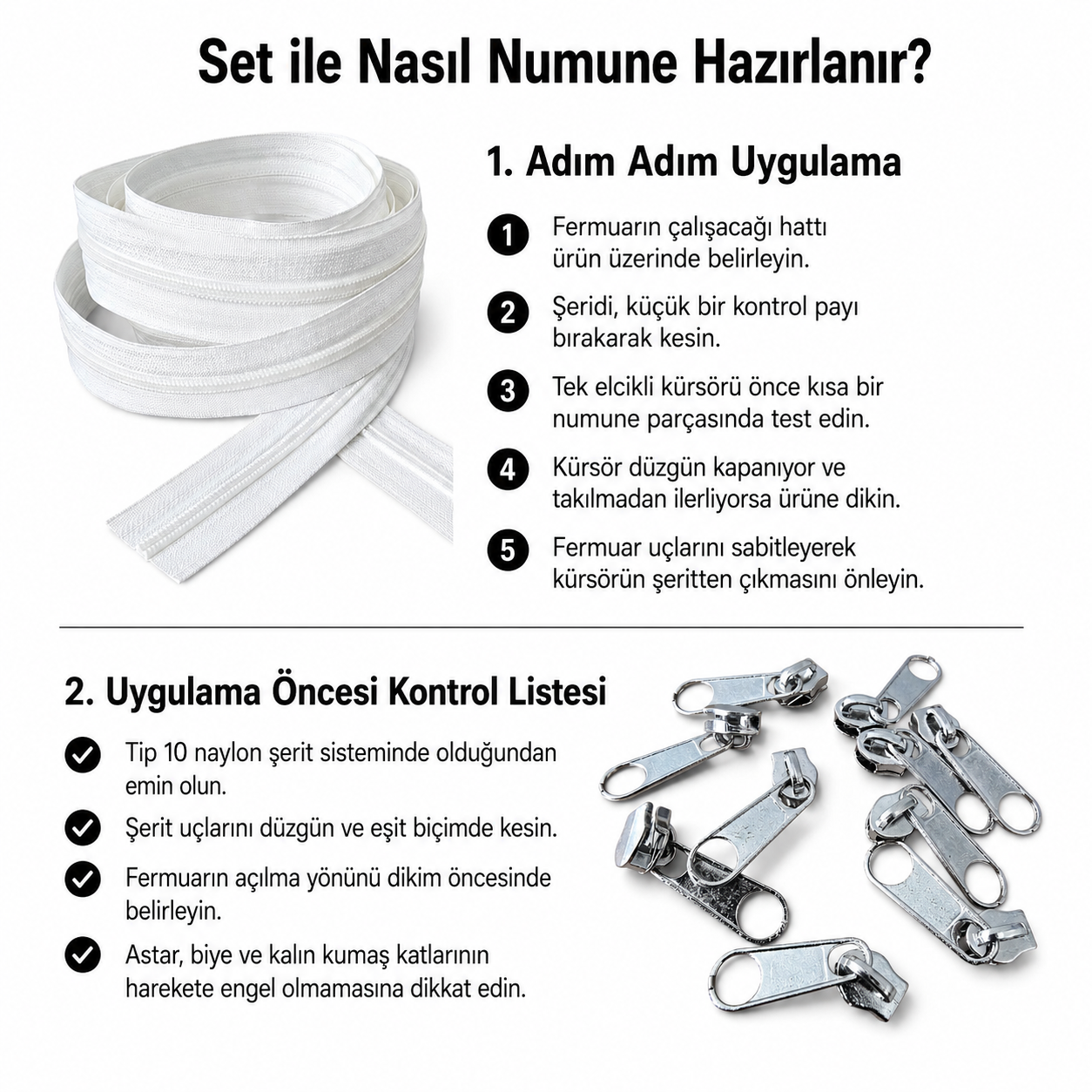 Tip 10 Naylon Şerit Fermuar Başlangıç Seti – 10 Metre + 10 Tek Elcikli Kürsör ST-T10T-NAYLON-10M10C