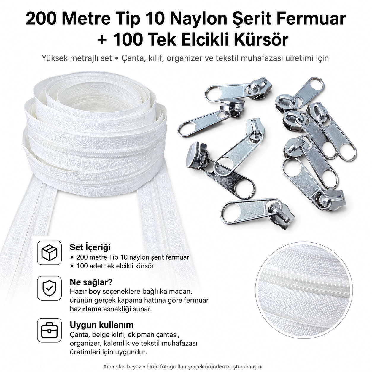 Çanta ve Kılıf Atölyeleri İçin Tip 10 Naylon Şerit Fermuar Üretim Seti – 200 Metre + 100 Tek Elcikli Kürsör ST-T10T-NAYLON-200M100C