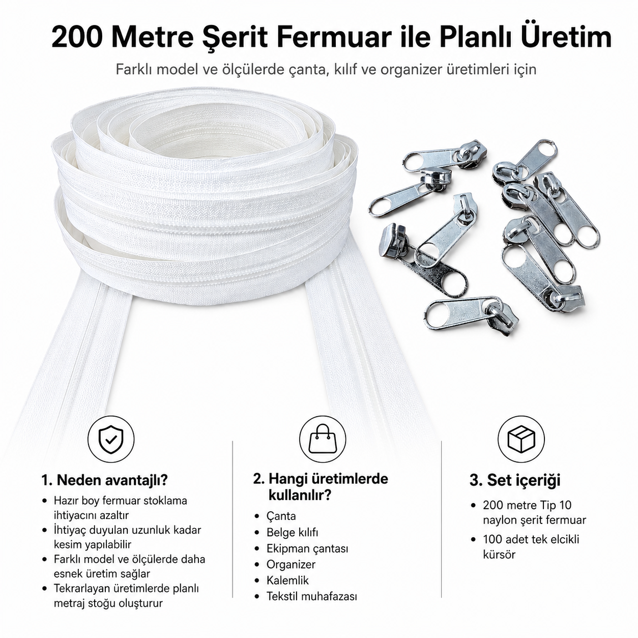 Çanta ve Kılıf Atölyeleri İçin Tip 10 Naylon Şerit Fermuar Üretim Seti – 200 Metre + 100 Tek Elcikli Kürsör ST-T10T-NAYLON-200M100C