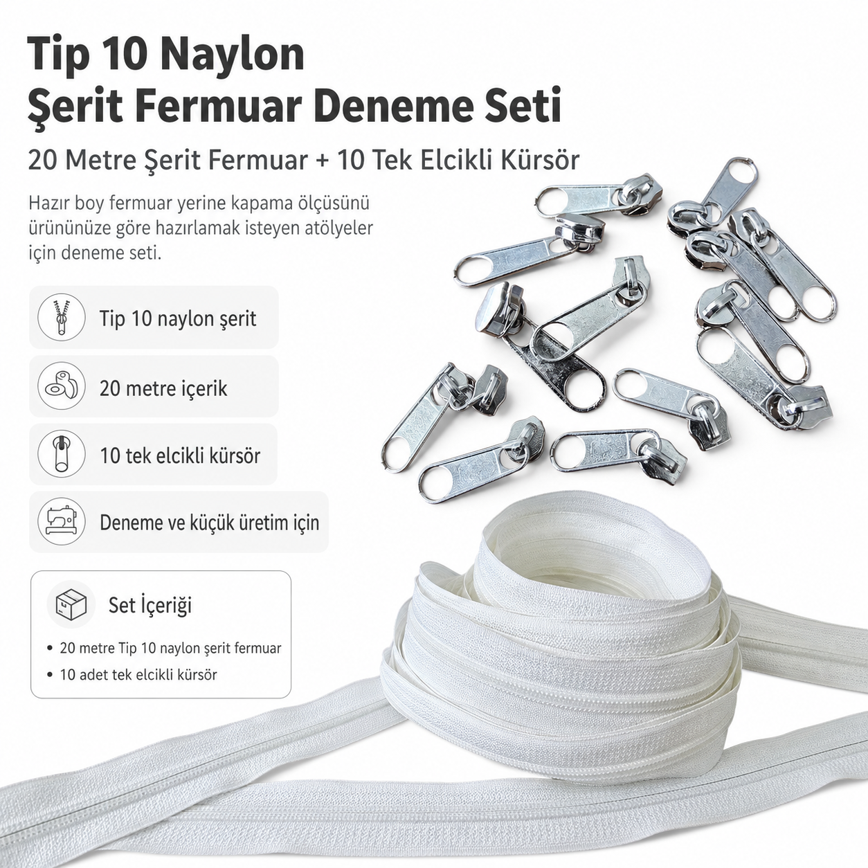 Tip 10 Naylon Şerit Fermuar Deneme Seti – 20 Metre + 10 Tek Elcikli Kürsör ST-T10T-NAYLON-20M10C