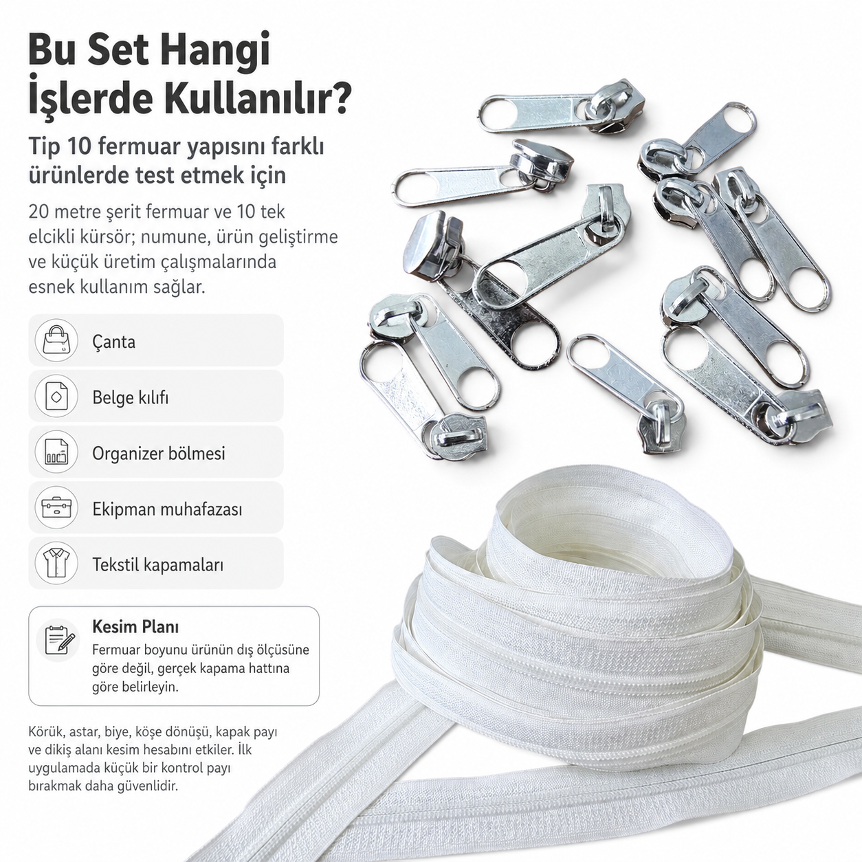 Tip 10 Naylon Şerit Fermuar Deneme Seti – 20 Metre + 10 Tek Elcikli Kürsör ST-T10T-NAYLON-20M10C