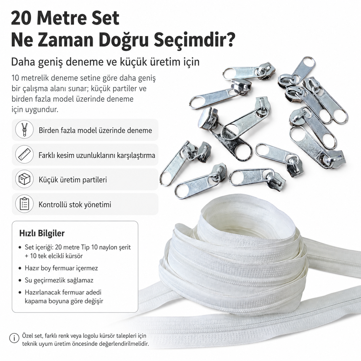 Tip 10 Naylon Şerit Fermuar Deneme Seti – 20 Metre + 10 Tek Elcikli Kürsör ST-T10T-NAYLON-20M10C