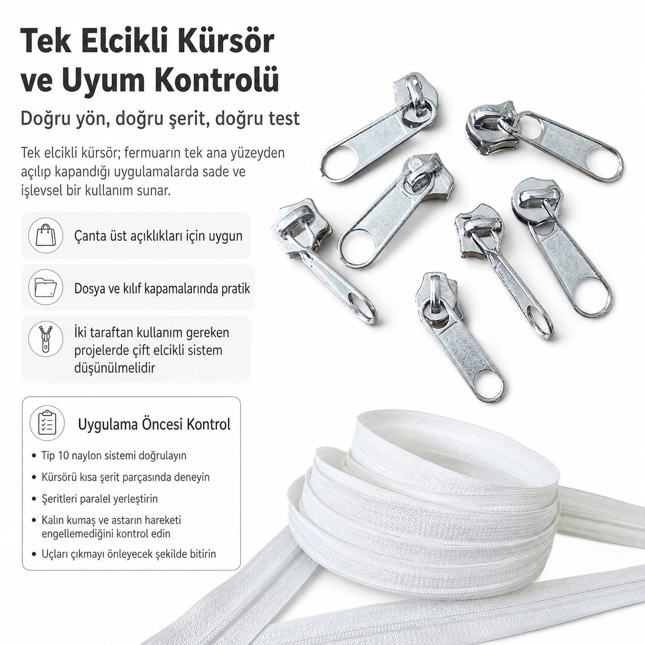Tip 10 Naylon Şerit Fermuar Deneme Seti – 20 Metre + 10 Tek Elcikli Kürsör ST-T10T-NAYLON-20M10C