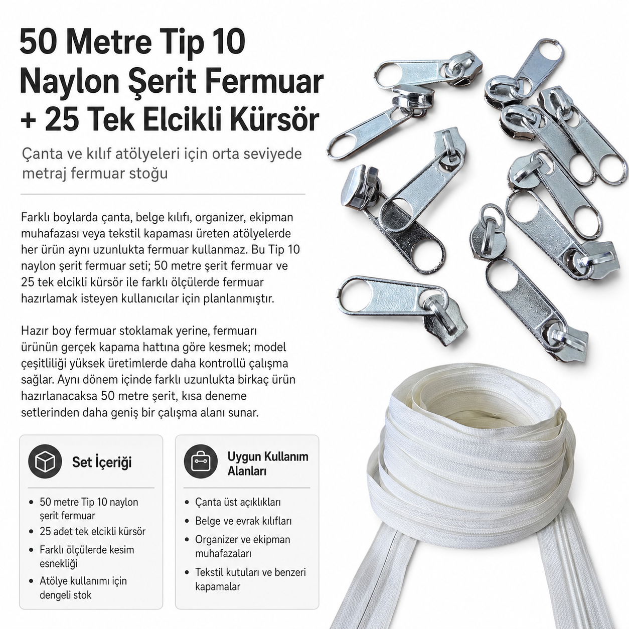 Atölye, Çanta ve Kılıf Üretimi İçin Tip 10 Naylon Şerit Fermuar Seti – 50 Metre + 25 Tek Elcikli Kürsör ST-T10T-NAYLON-50M25C