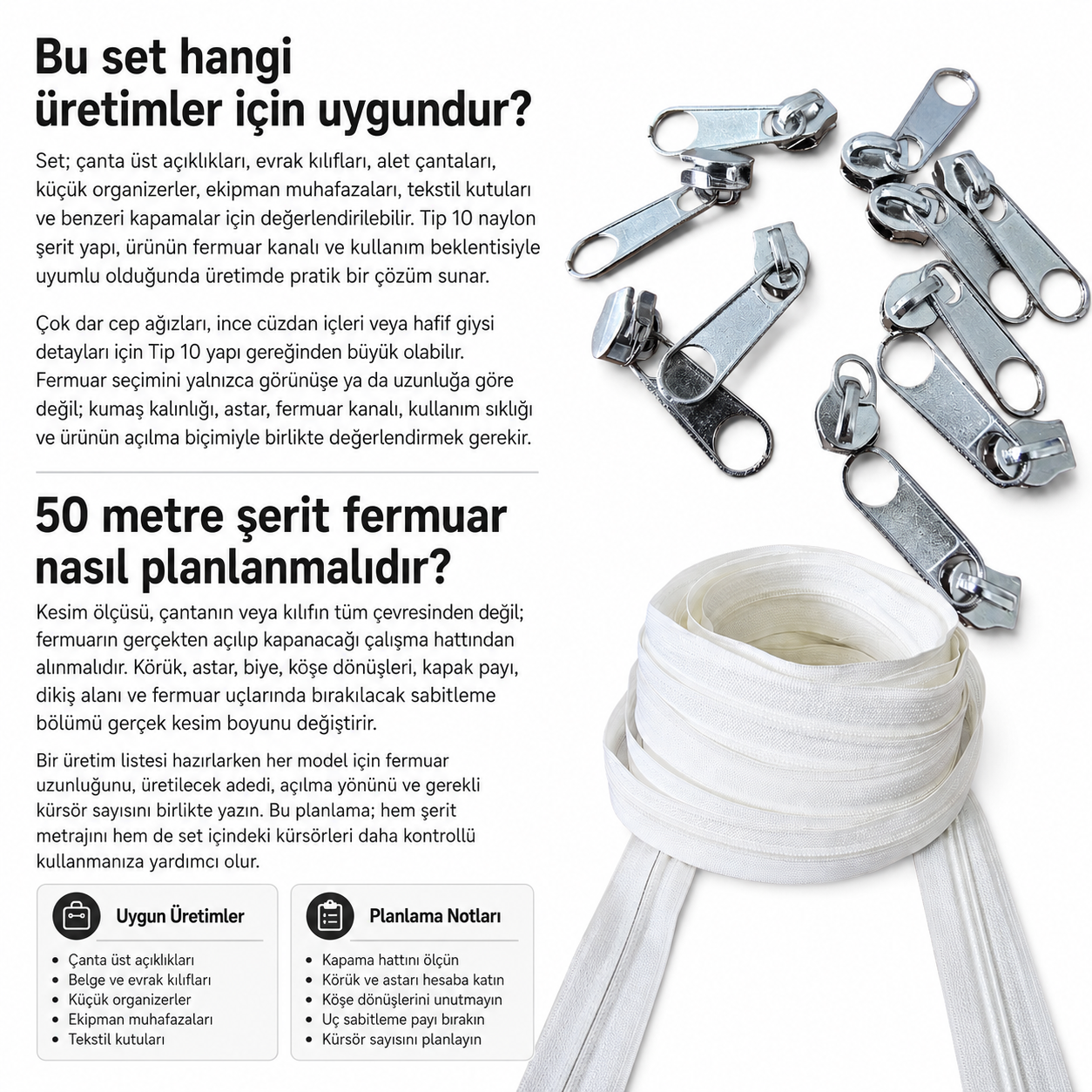 Atölye, Çanta ve Kılıf Üretimi İçin Tip 10 Naylon Şerit Fermuar Seti – 50 Metre + 25 Tek Elcikli Kürsör ST-T10T-NAYLON-50M25C