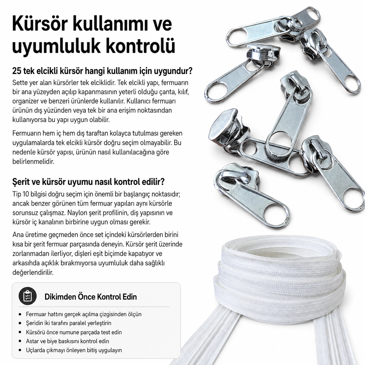 Atölye, Çanta ve Kılıf Üretimi İçin Tip 10 Naylon Şerit Fermuar Seti – 50 Metre + 25 Tek Elcikli Kürsör ST-T10T-NAYLON-50M25C