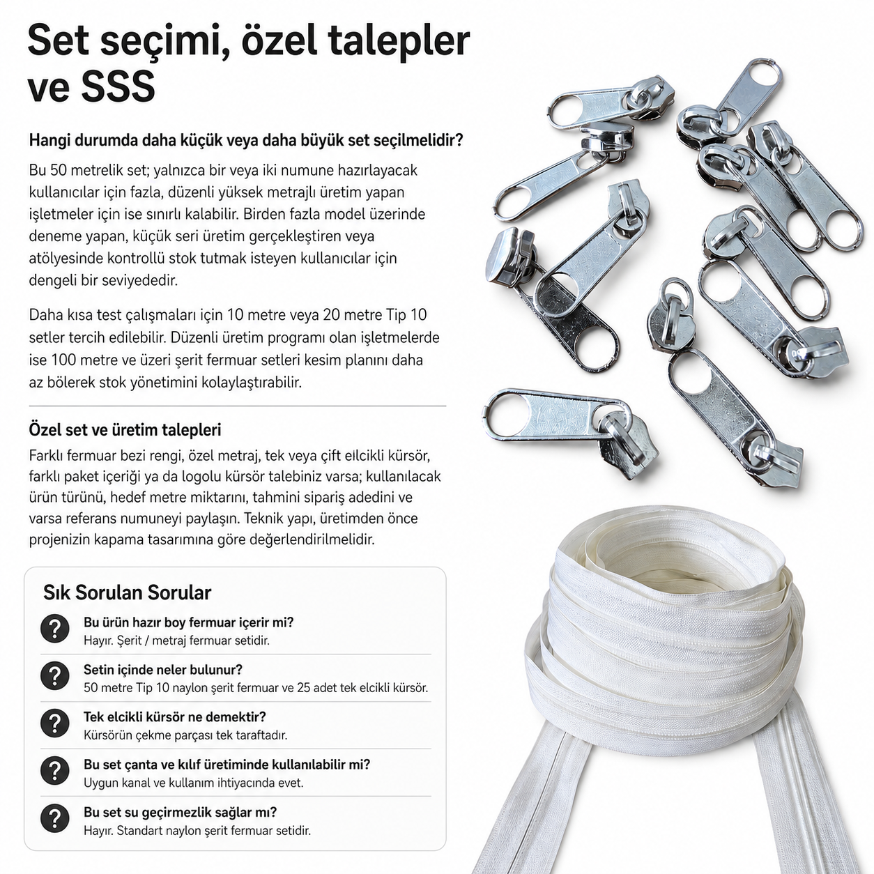 Atölye, Çanta ve Kılıf Üretimi İçin Tip 10 Naylon Şerit Fermuar Seti – 50 Metre + 25 Tek Elcikli Kürsör ST-T10T-NAYLON-50M25C
