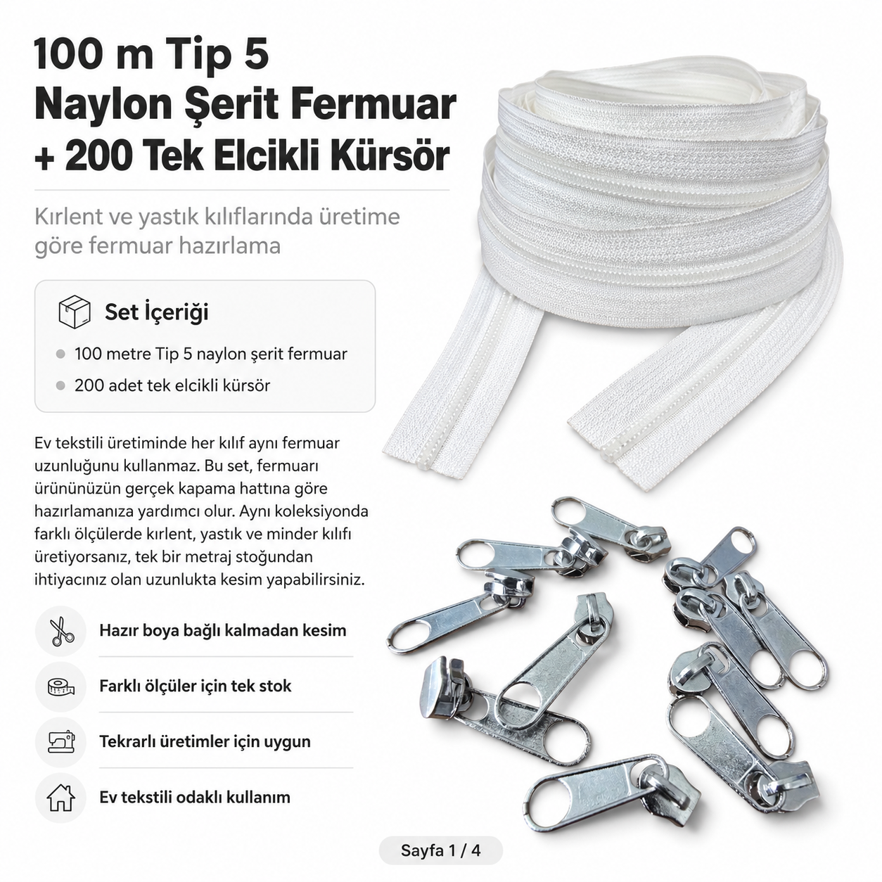Kırlent, Minder ve Yastık Kılıfları İçin Tip 5 Naylon Şerit Fermuar Üretim Seti – 100 Metre + 200 Tek Elcikli Kürsör ST-T5T-NAYLON-100M200K