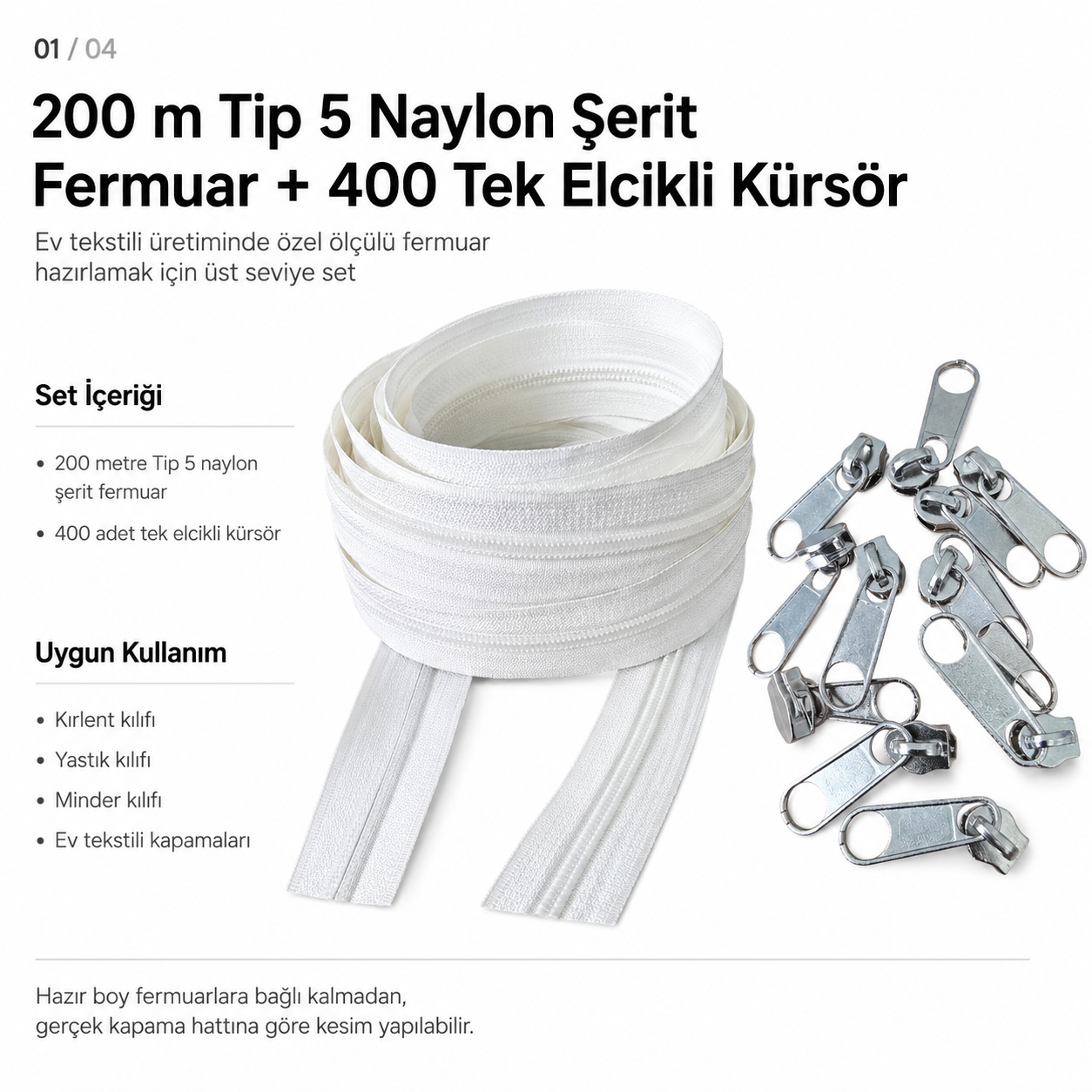 Kırlent, Minder ve Yastık Kılıfları İçin Tip 5 Naylon Şerit Fermuar Üretim Seti – 200 Metre + 400 Tek Elcikli Kürsör ST-T5T-NAYLON-200M400K