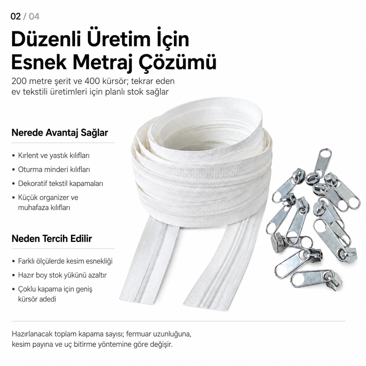 Kırlent, Minder ve Yastık Kılıfları İçin Tip 5 Naylon Şerit Fermuar Üretim Seti – 200 Metre + 400 Tek Elcikli Kürsör ST-T5T-NAYLON-200M400K