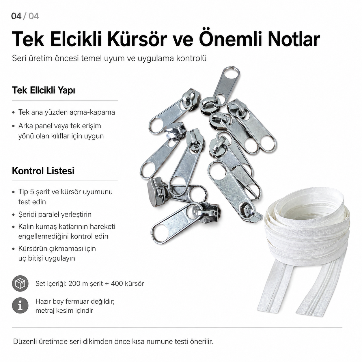 Kırlent, Minder ve Yastık Kılıfları İçin Tip 5 Naylon Şerit Fermuar Üretim Seti – 200 Metre + 400 Tek Elcikli Kürsör ST-T5T-NAYLON-200M400K
