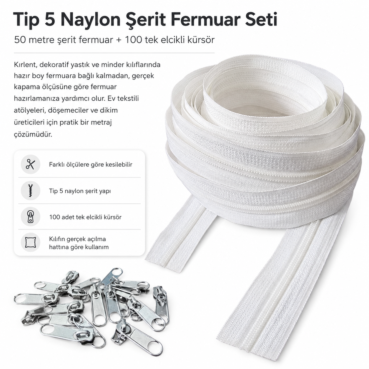 Kırlent, Minder ve Yastık Kılıfları İçin Tip 5 Naylon Şerit Fermuar Seti – 50 Metre + 100 Tek Elcikli Kürsör ST-T5T-NAYLON-50M100K