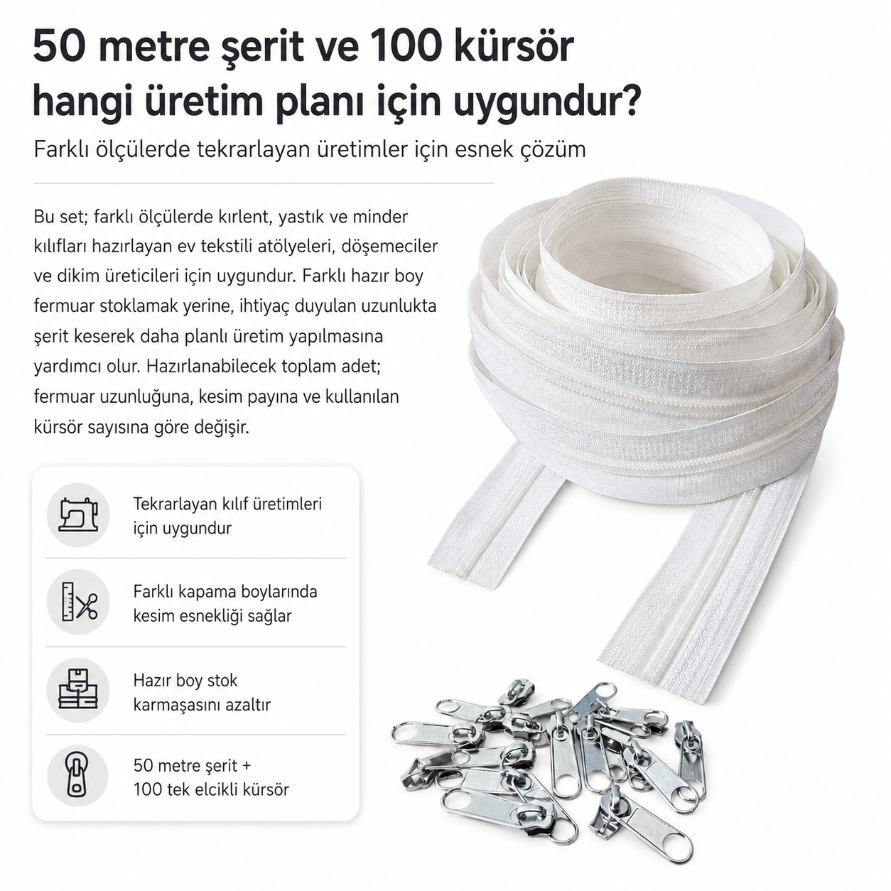 Kırlent, Minder ve Yastık Kılıfları İçin Tip 5 Naylon Şerit Fermuar Seti – 50 Metre + 100 Tek Elcikli Kürsör ST-T5T-NAYLON-50M100K