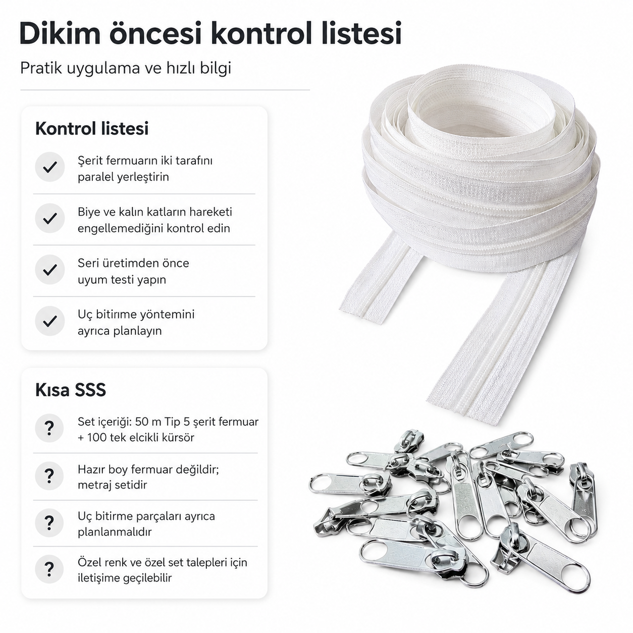 Kırlent, Minder ve Yastık Kılıfları İçin Tip 5 Naylon Şerit Fermuar Seti – 50 Metre + 100 Tek Elcikli Kürsör ST-T5T-NAYLON-50M100K